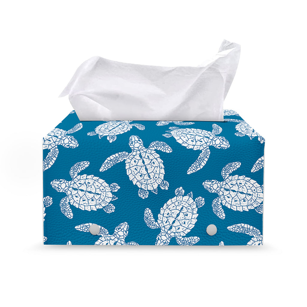 Blue And White Sea Turtle Pattern Print Leather Tissue Box Cover