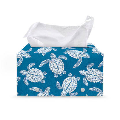 Blue And White Sea Turtle Pattern Print Leather Tissue Box Cover