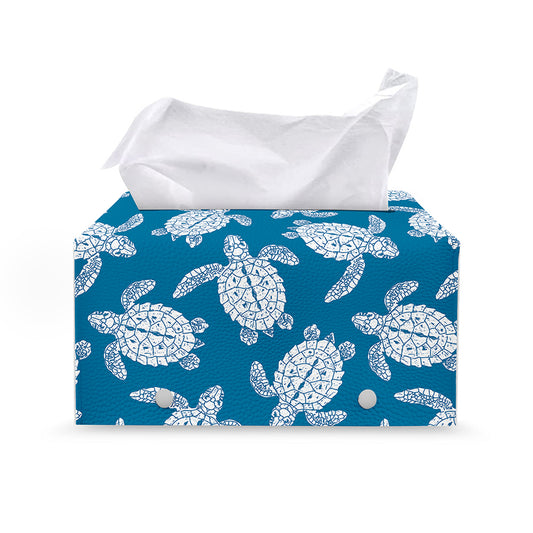 Blue And White Sea Turtle Pattern Print Leather Tissue Box Cover