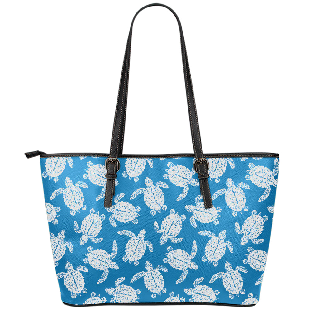 Blue And White Sea Turtle Pattern Print Leather Tote Bag