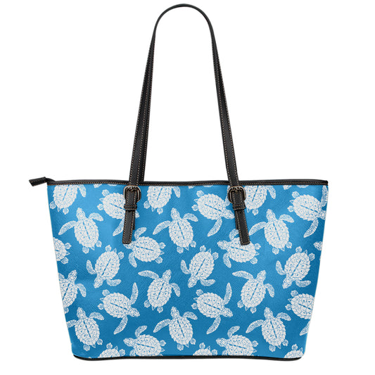 Blue And White Sea Turtle Pattern Print Leather Tote Bag