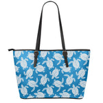 Blue And White Sea Turtle Pattern Print Leather Tote Bag