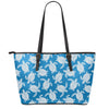 Blue And White Sea Turtle Pattern Print Leather Tote Bag