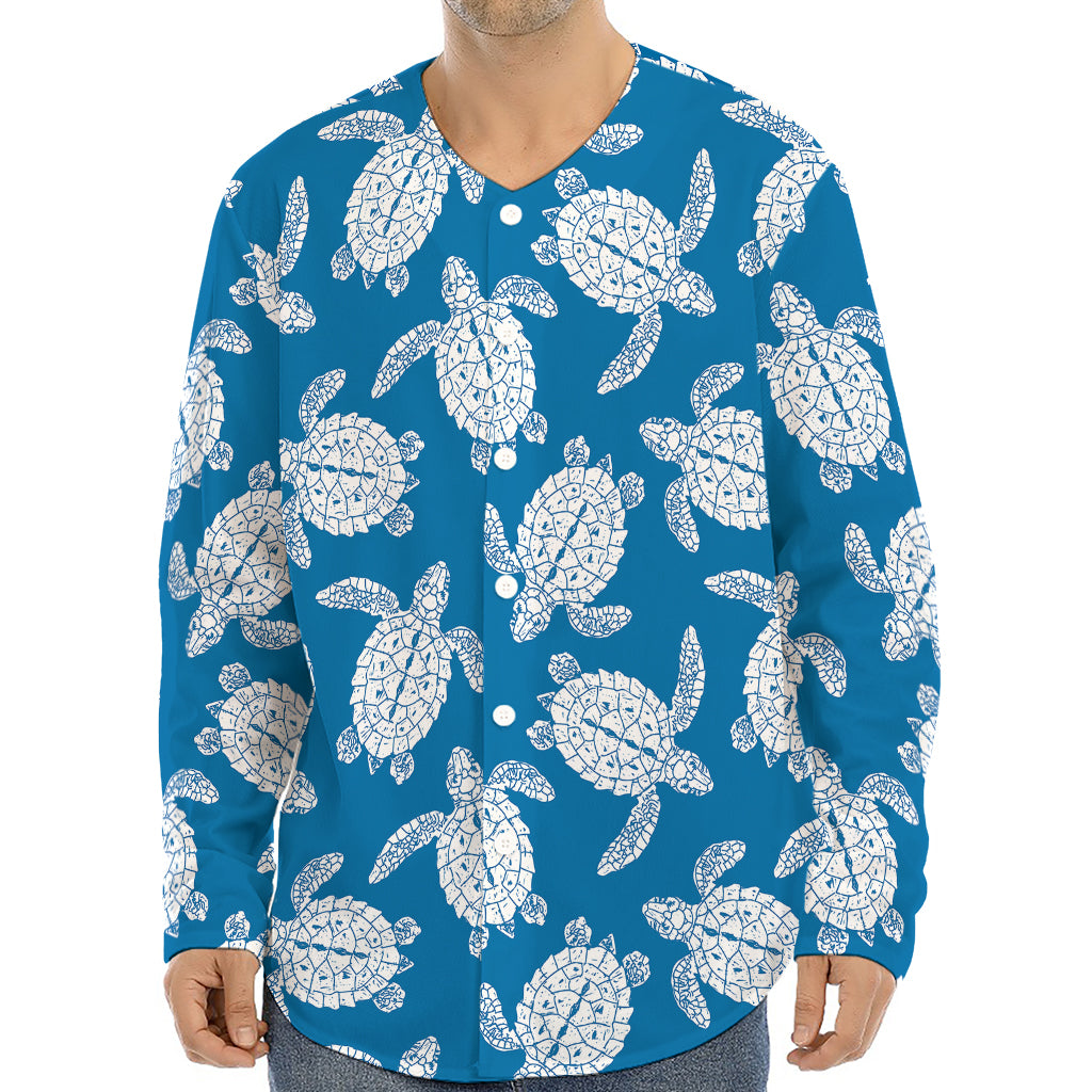 Blue And White Sea Turtle Pattern Print Long Sleeve Baseball Jersey