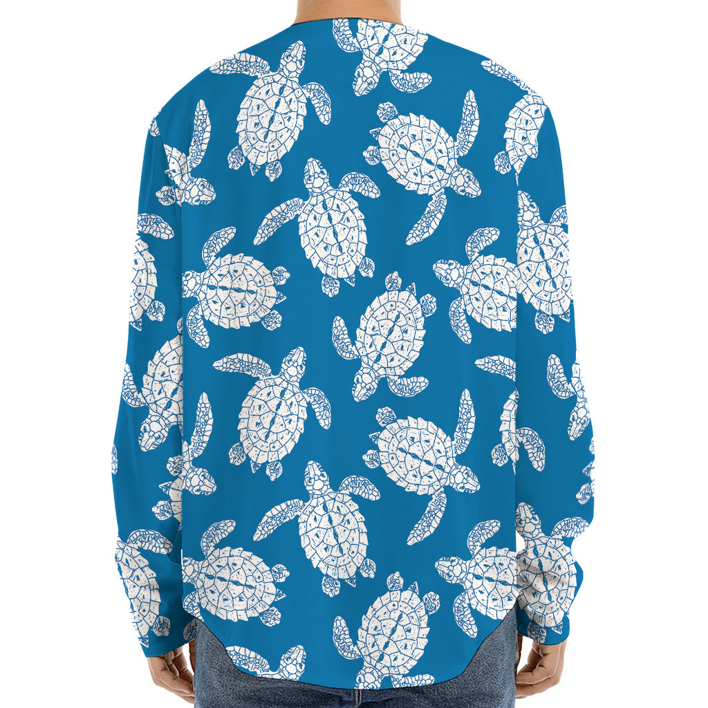 Blue And White Sea Turtle Pattern Print Long Sleeve Baseball Jersey