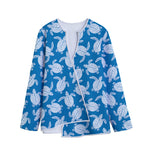 Blue And White Sea Turtle Pattern Print Long Sleeve Short Coat