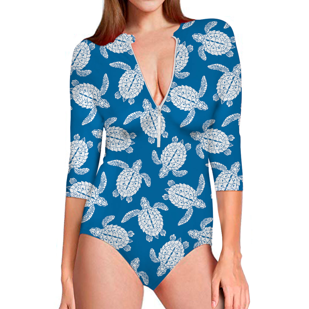 Blue And White Sea Turtle Pattern Print Long Sleeve Swimsuit