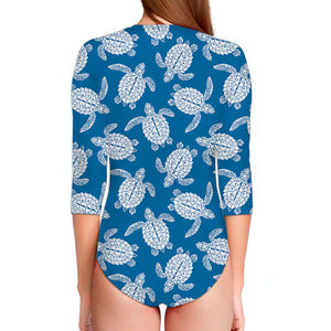 Blue And White Sea Turtle Pattern Print Long Sleeve Swimsuit