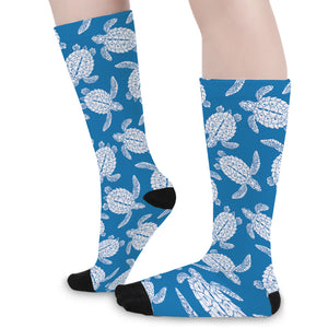 Blue And White Sea Turtle Pattern Print Long Socks