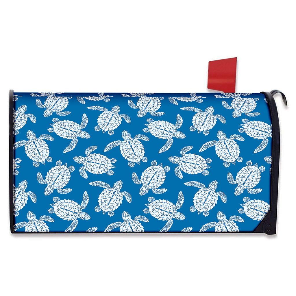 Blue And White Sea Turtle Pattern Print Mailbox Cover