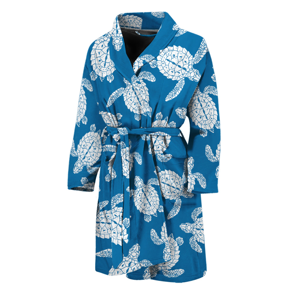 Blue And White Sea Turtle Pattern Print Men's Bathrobe