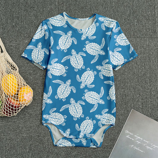 Blue And White Sea Turtle Pattern Print Men's Bodysuit