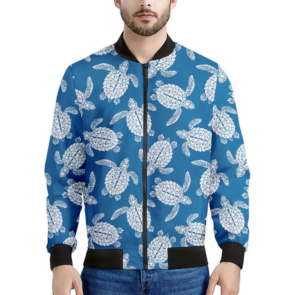 Blue And White Sea Turtle Pattern Print Men's Bomber Jacket