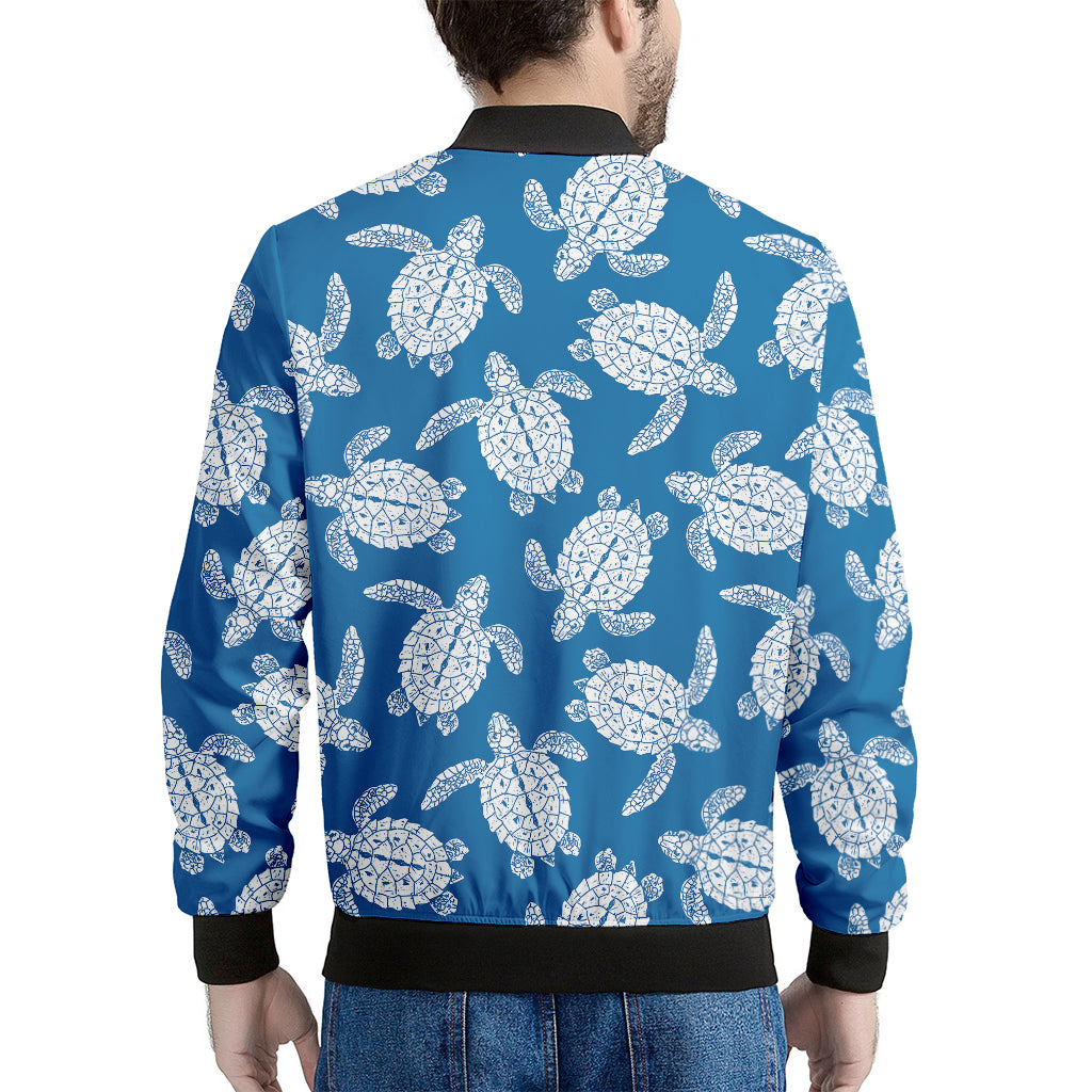 Blue And White Sea Turtle Pattern Print Men's Bomber Jacket