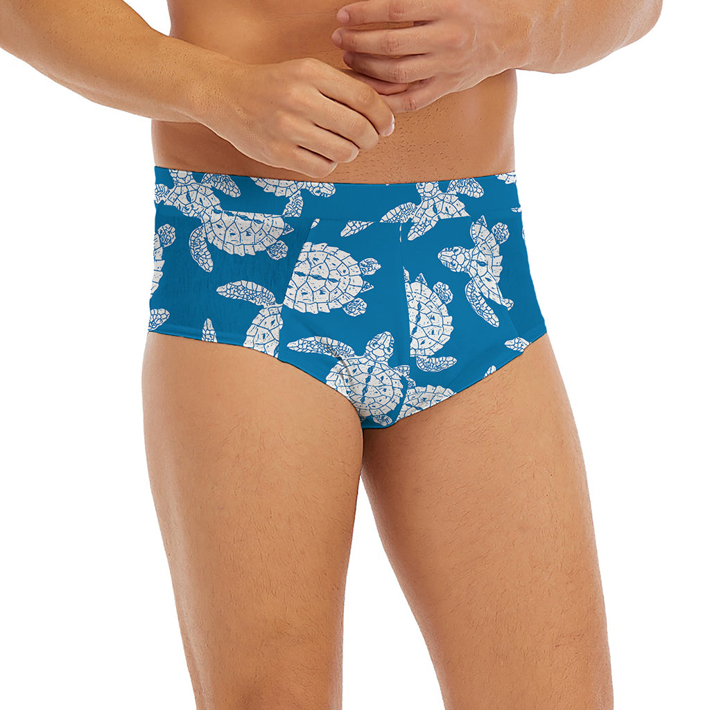 Blue And White Sea Turtle Pattern Print Men's Briefs