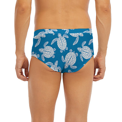 Blue And White Sea Turtle Pattern Print Men's Briefs