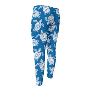 Blue And White Sea Turtle Pattern Print Men's Compression Pants