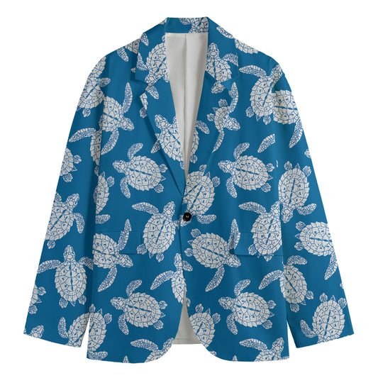 Blue And White Sea Turtle Pattern Print Men's Cotton Blazer