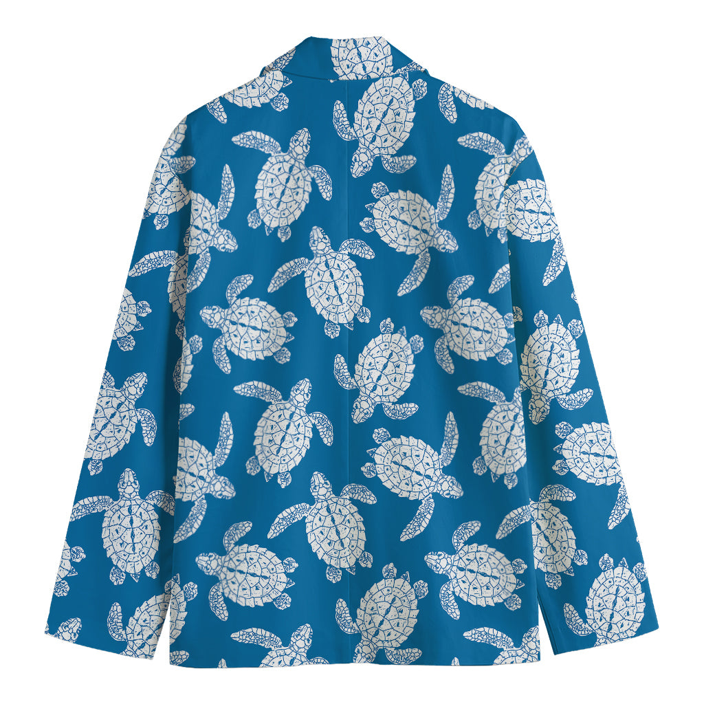 Blue And White Sea Turtle Pattern Print Men's Cotton Blazer