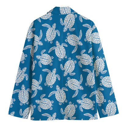 Blue And White Sea Turtle Pattern Print Men's Cotton Blazer