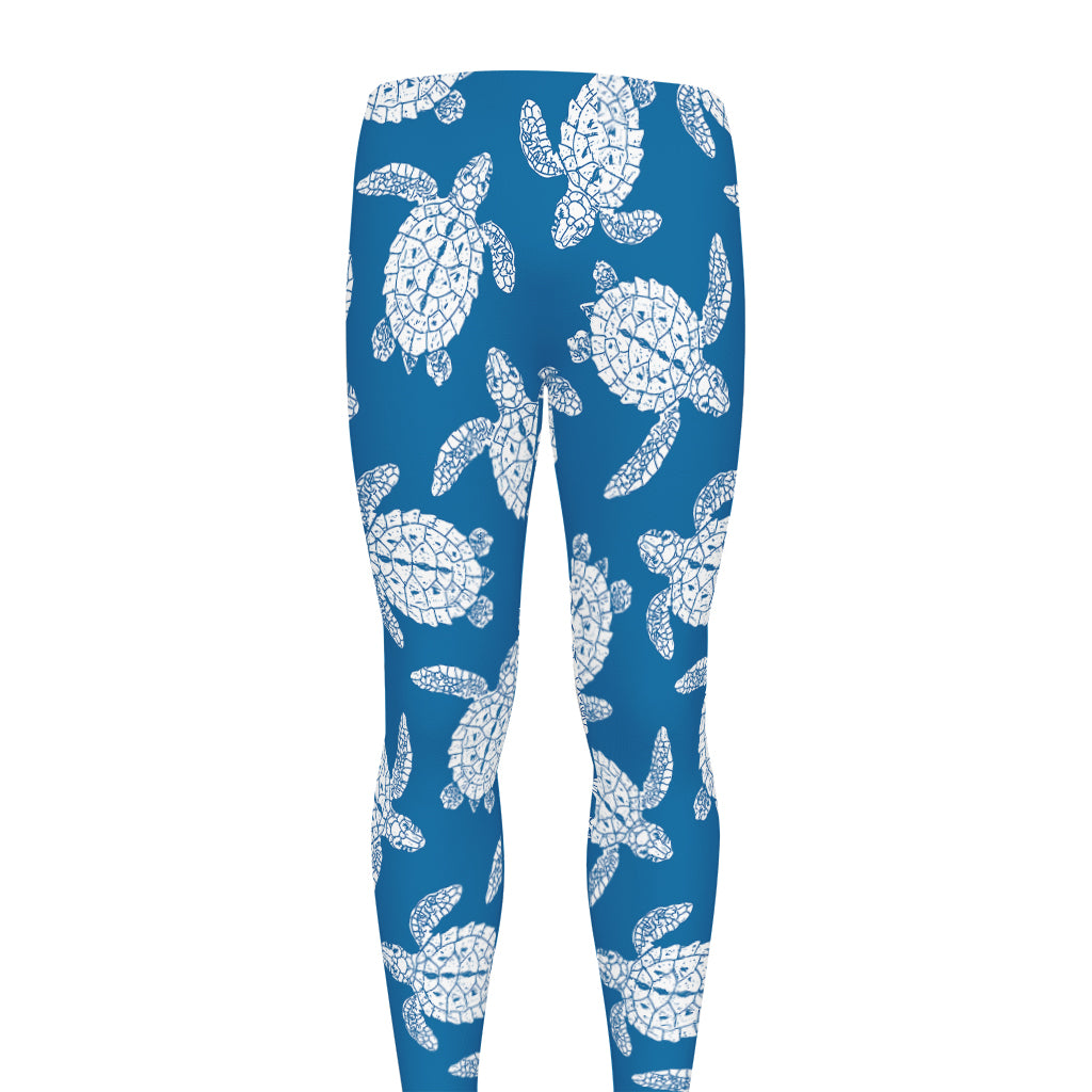 Blue And White Sea Turtle Pattern Print Men's leggings