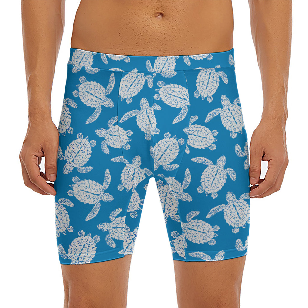 Blue And White Sea Turtle Pattern Print Men's Long Boxer Briefs