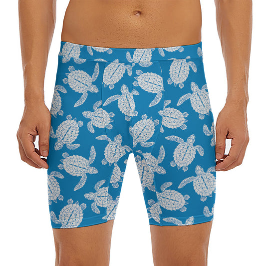 Blue And White Sea Turtle Pattern Print Men's Long Boxer Briefs
