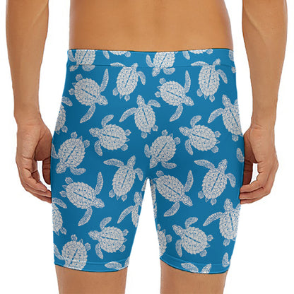 Blue And White Sea Turtle Pattern Print Men's Long Boxer Briefs