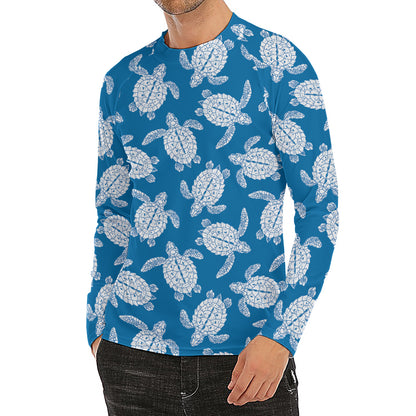 Blue And White Sea Turtle Pattern Print Men's Long Sleeve Rash Guard