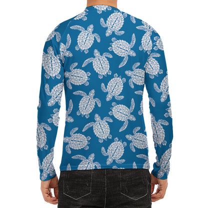 Blue And White Sea Turtle Pattern Print Men's Long Sleeve Rash Guard