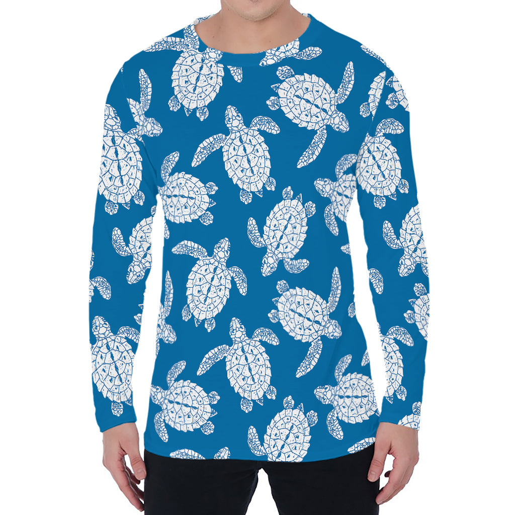 Blue And White Sea Turtle Pattern Print Men's Long Sleeve T-Shirt