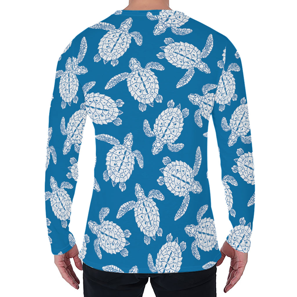 Blue And White Sea Turtle Pattern Print Men's Long Sleeve T-Shirt