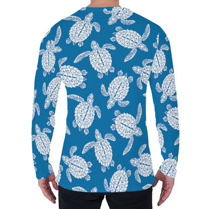Blue And White Sea Turtle Pattern Print Men's Long Sleeve T-Shirt
