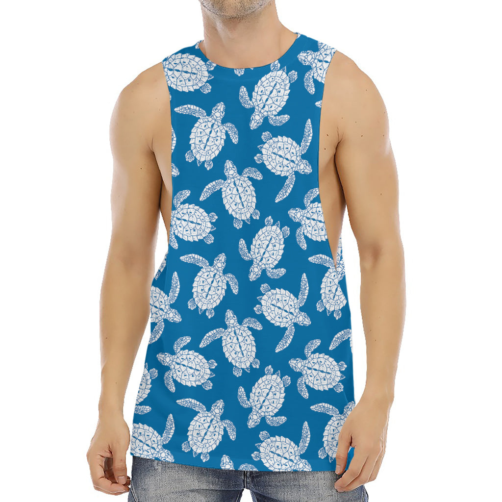 Blue And White Sea Turtle Pattern Print Men's Muscle Tank Top