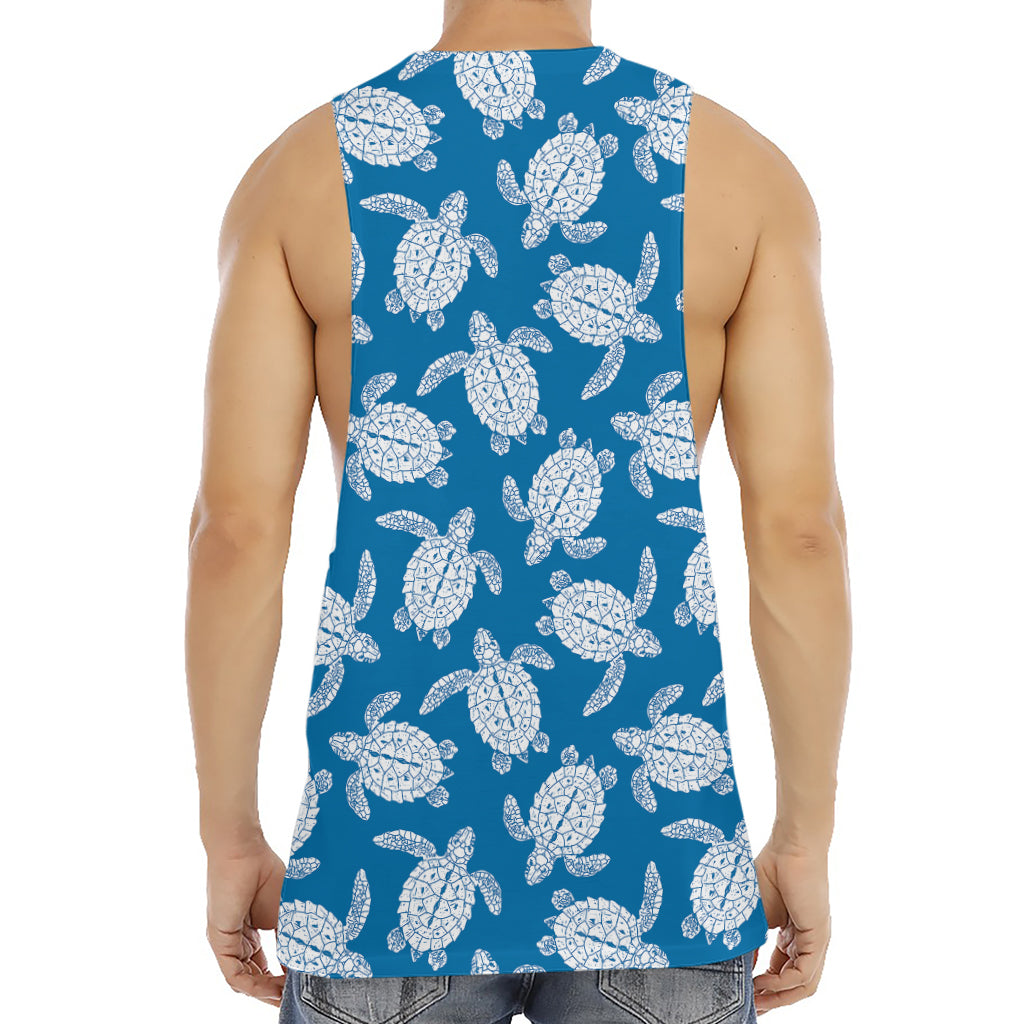 Blue And White Sea Turtle Pattern Print Men's Muscle Tank Top