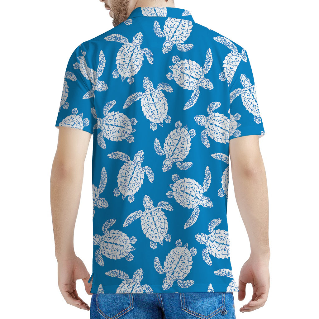 Blue And White Sea Turtle Pattern Print Men's Polo Shirt