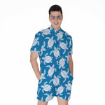Blue And White Sea Turtle Pattern Print Men's Rompers