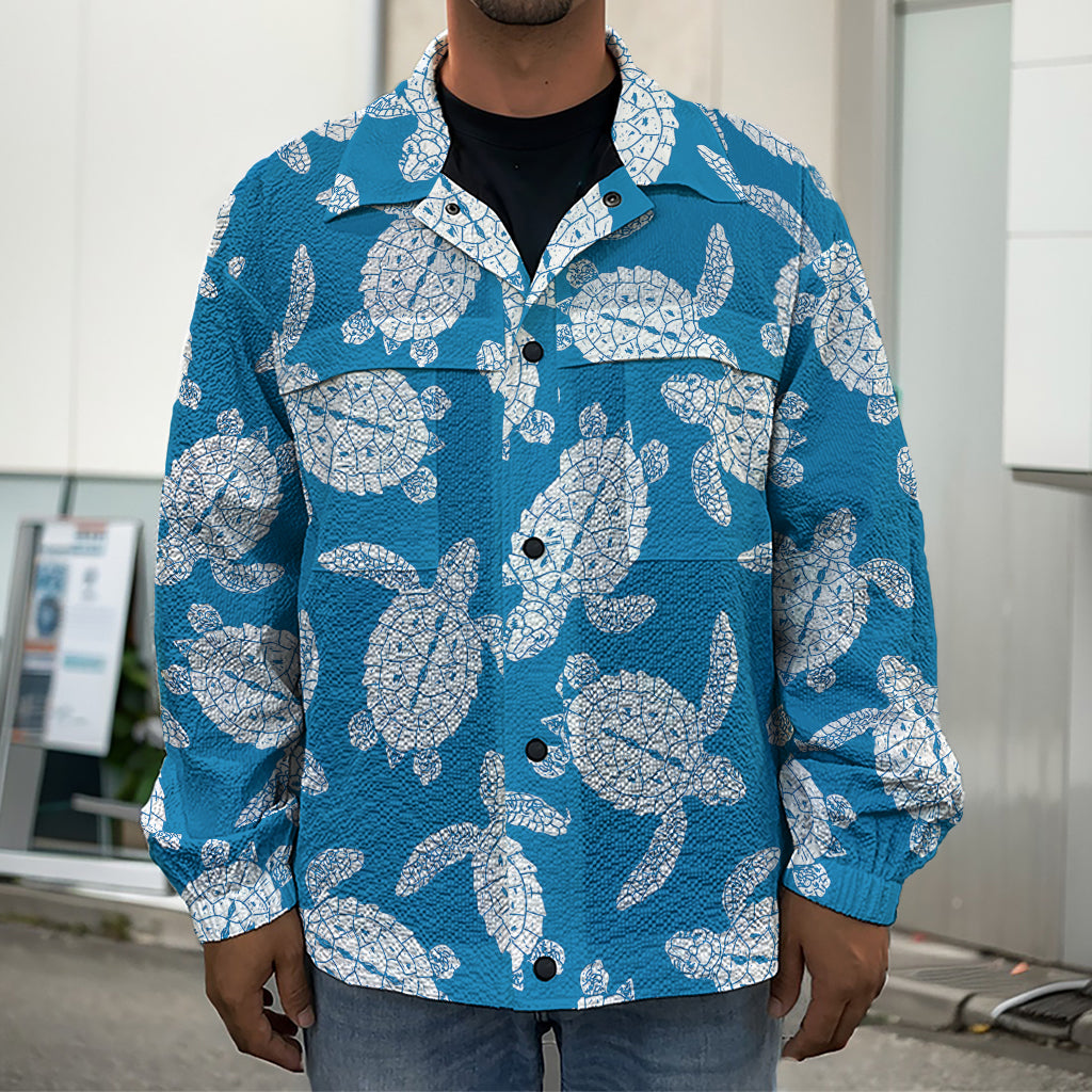 Blue And White Sea Turtle Pattern Print Men's Shirt Jacket