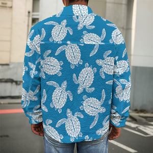 Blue And White Sea Turtle Pattern Print Men's Shirt Jacket