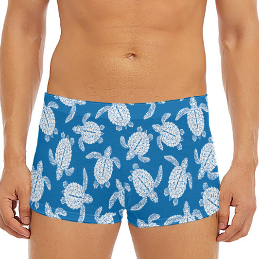 Blue And White Sea Turtle Pattern Print Men's Short Boxer Briefs