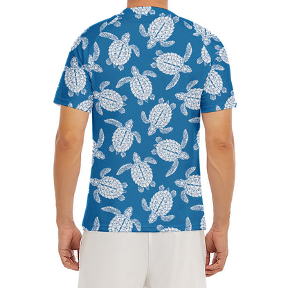 Blue And White Sea Turtle Pattern Print Men's Short Sleeve Rash Guard