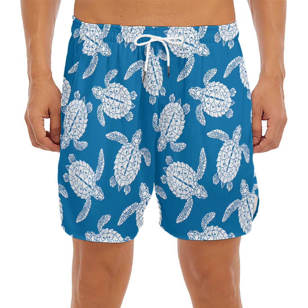 Blue And White Sea Turtle Pattern Print Men's Split Running Shorts