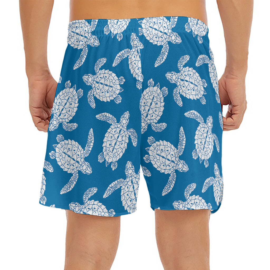 Blue And White Sea Turtle Pattern Print Men's Split Running Shorts