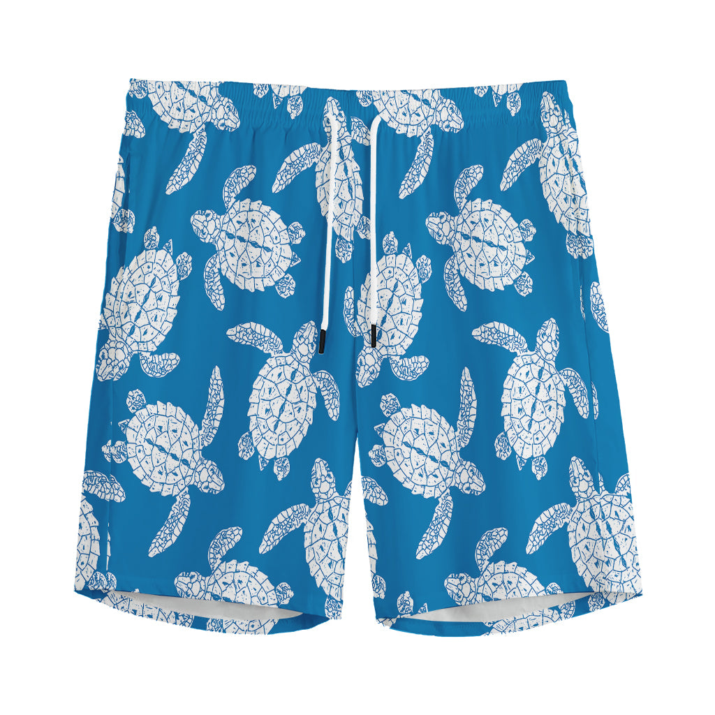 Blue And White Sea Turtle Pattern Print Men's Sports Shorts