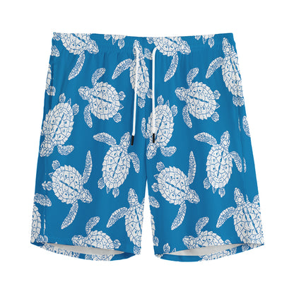 Blue And White Sea Turtle Pattern Print Men's Sports Shorts