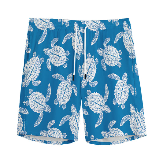 Blue And White Sea Turtle Pattern Print Men's Sports Shorts