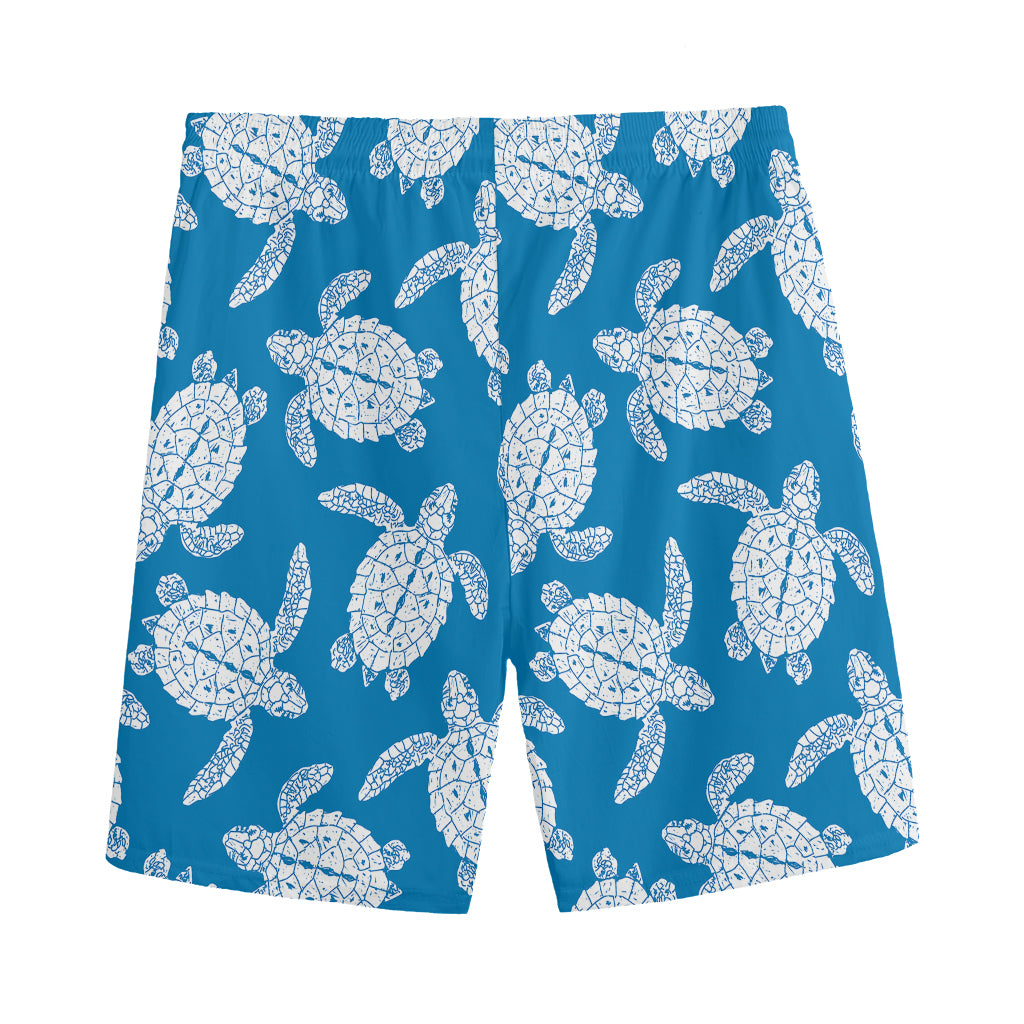 Blue And White Sea Turtle Pattern Print Men's Sports Shorts