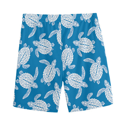 Blue And White Sea Turtle Pattern Print Men's Sports Shorts