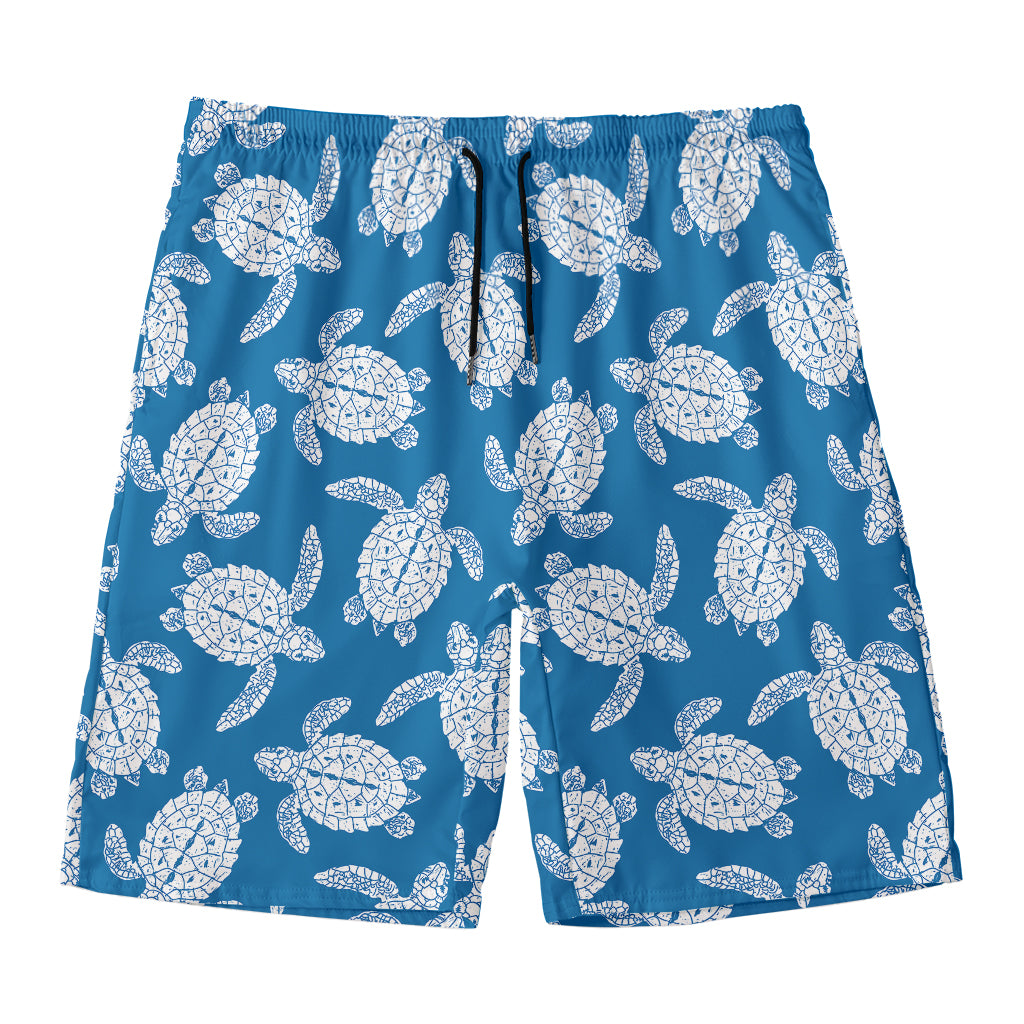 Blue And White Sea Turtle Pattern Print Men's Swim Trunks