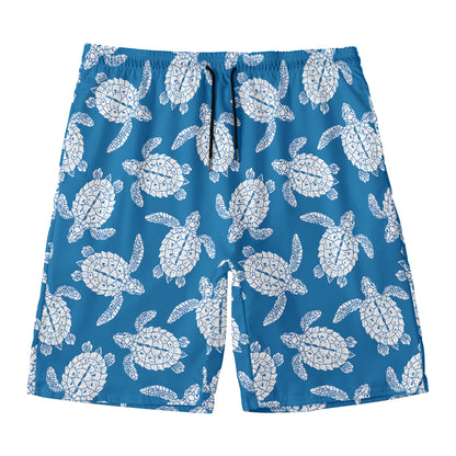 Blue And White Sea Turtle Pattern Print Men's Swim Trunks